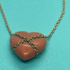 Tiffany & Co. Vintage 14K Yellow Gold Coral Cross My Heart Necklace